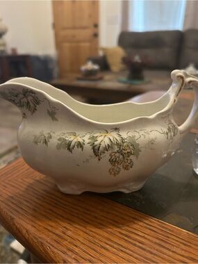 Vintage Ceramic Gravy Boat with Green Leaf Motif and Gold Trim